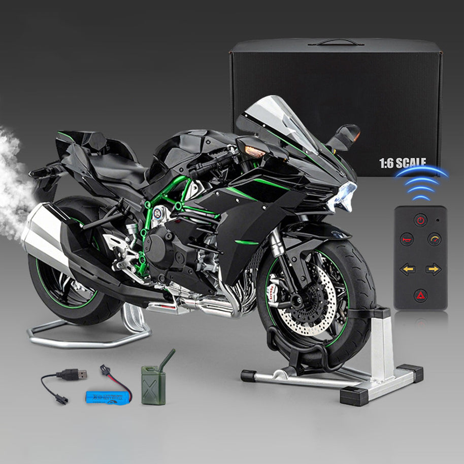 1/6 H2R合金RCバイク｜レーシング仕様 キー始動&スロットル連動 ライト音響効果 排気ミスト サス可動モデル