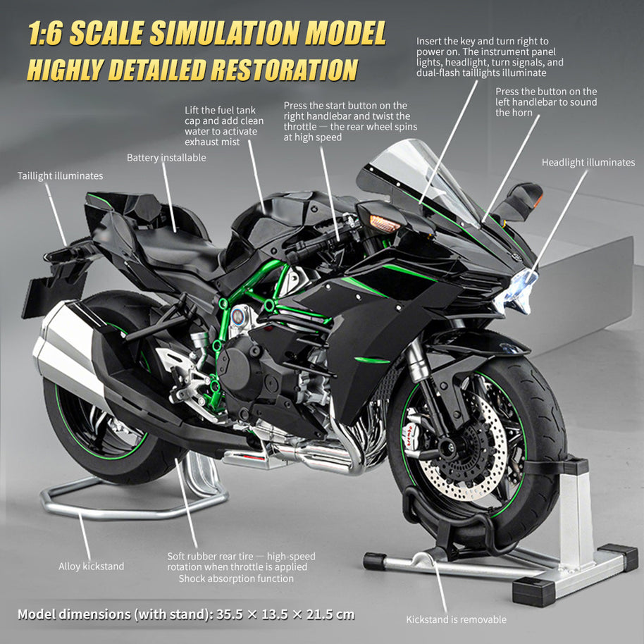 1/6 H2R合金RCバイク｜レーシング仕様 キー始動&スロットル連動 ライト音響効果 排気ミスト サス可動モデル