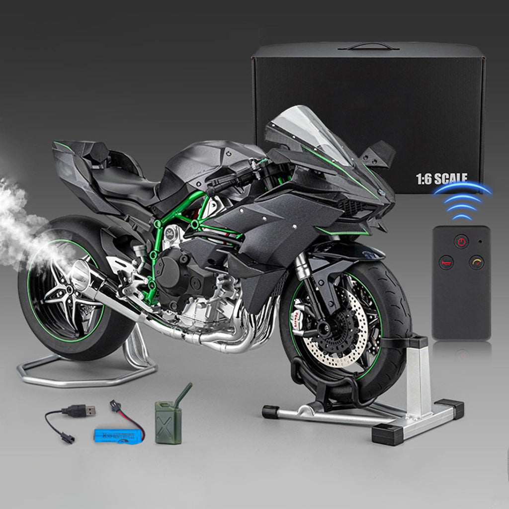 1/6 H2R合金RCバイク｜レーシング仕様 キー始動&スロットル連動 ライト音響効果 排気ミスト サス可動モデル