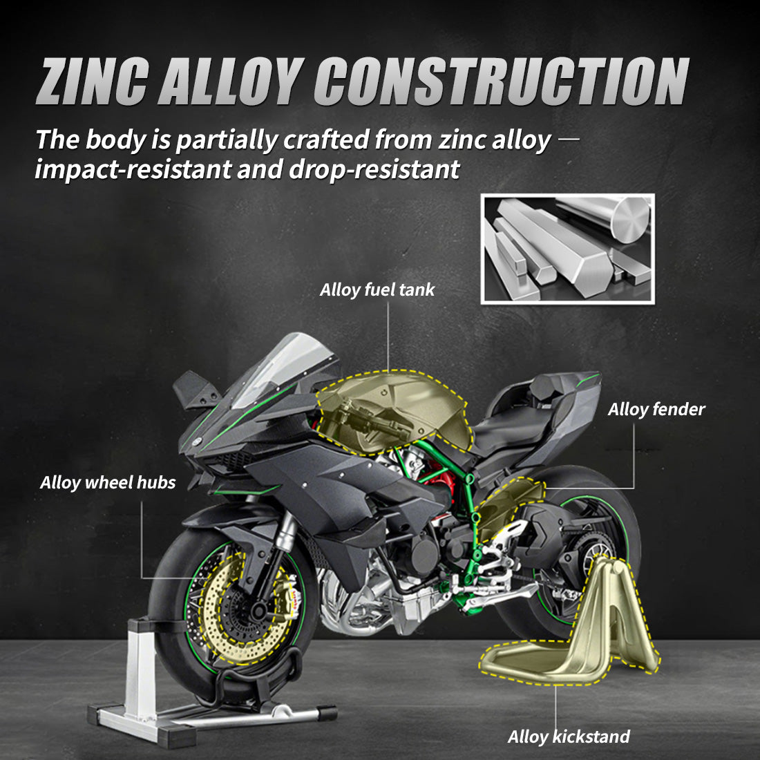 1/6 H2R合金RCバイク｜レーシング仕様 キー始動&スロットル連動 ライト音響効果 排気ミスト サス可動モデル