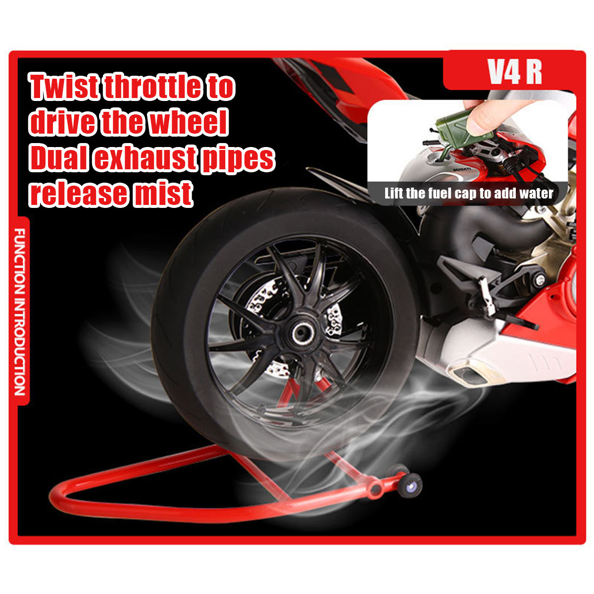 1/6スケール V4R合金バイク模型｜レッド 点火・排気煙噴霧搭載 光音響エフェクト 機械可動 シート隠し収納 バイクコレクション