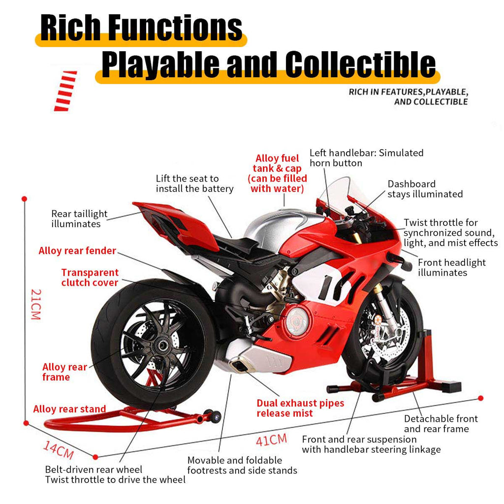 1/6スケール V4R合金バイク模型｜レッド 点火・排気煙噴霧搭載 光音響エフェクト 機械可動 シート隠し収納 バイクコレクション