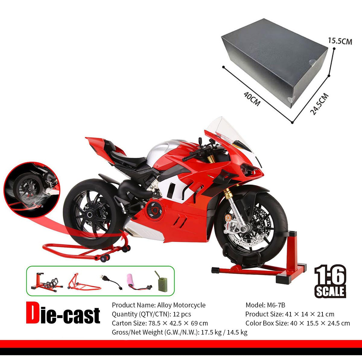 1/6スケール V4R合金バイク模型｜レッド 点火・排気煙噴霧搭載 光音響エフェクト 機械可動 シート隠し収納 バイクコレクション|RTRHOBBYJP
