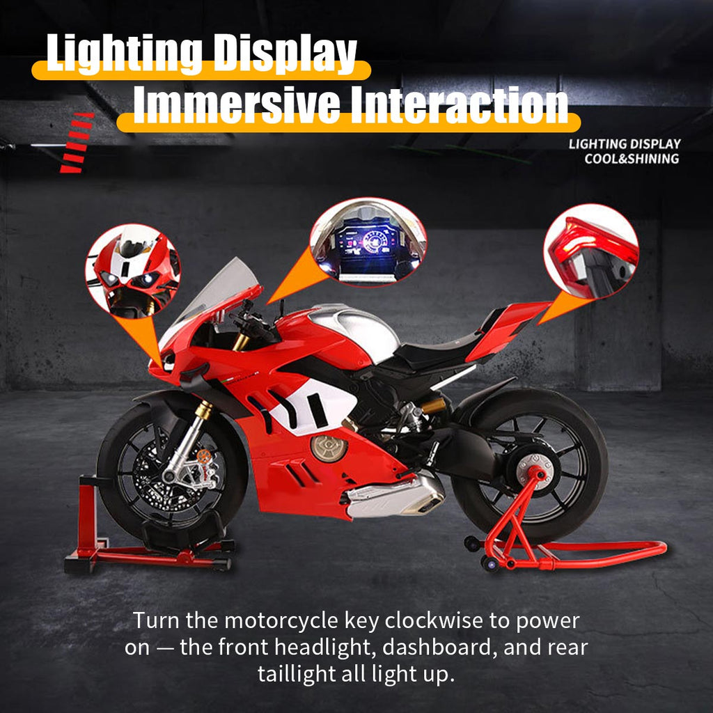 1/6スケール V4R合金バイク模型｜レッド 点火・排気煙噴霧搭載 光音響エフェクト 機械可動 シート隠し収納 バイクコレクション