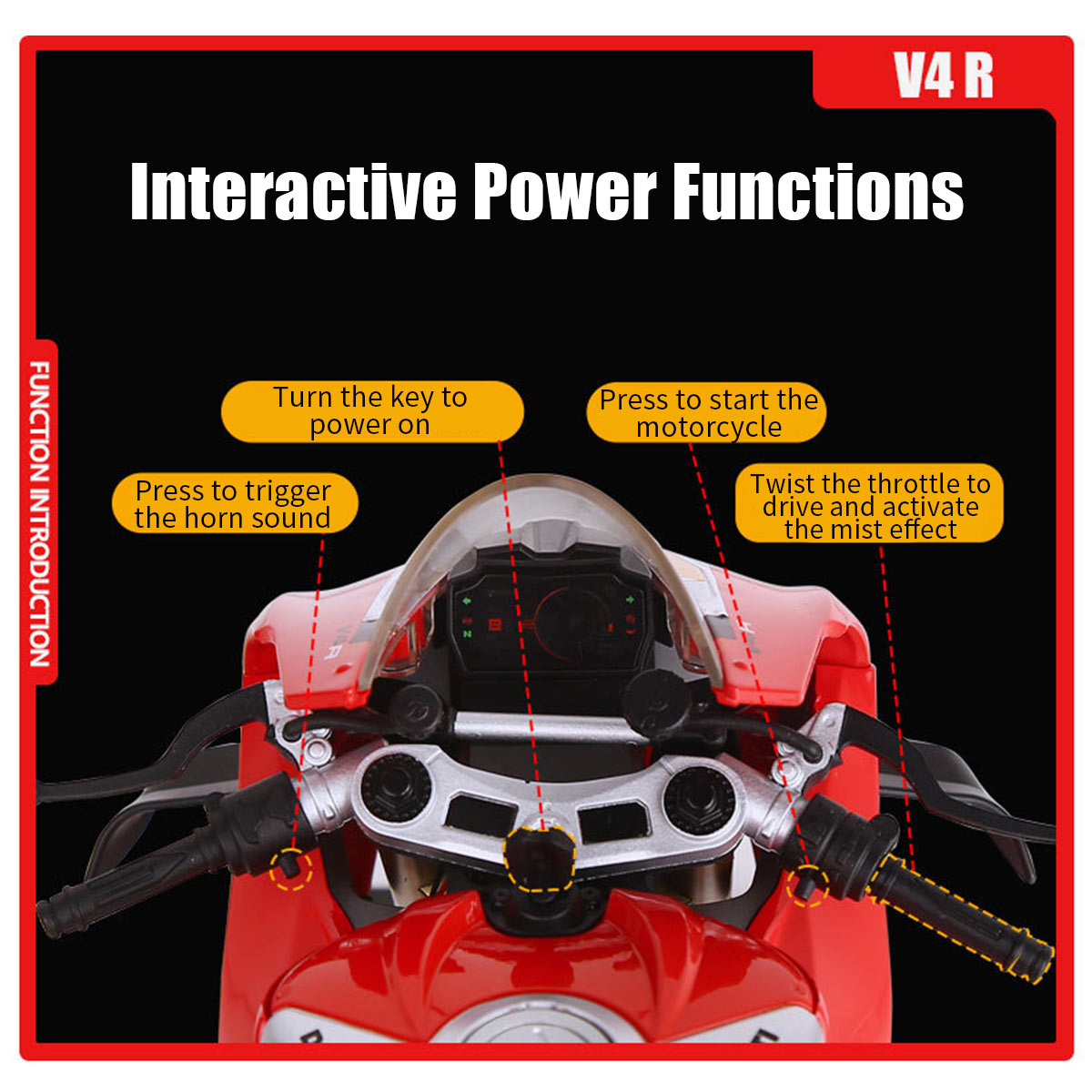 1/6スケール V4R合金バイク模型｜レッド 点火・排気煙噴霧搭載 光音響エフェクト 機械可動 シート隠し収納 バイクコレクション|RTRHOBBYJP