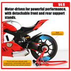 1/6スケール V4R合金バイク模型｜レッド 点火・排気煙噴霧搭載 光音響エフェクト 機械可動 シート隠し収納 バイクコレクション