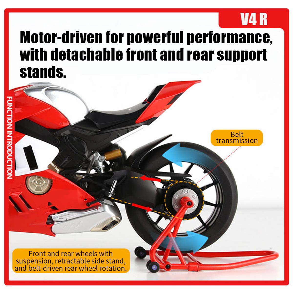1/6スケール V4R合金バイク模型｜レッド 点火・排気煙噴霧搭載 光音響エフェクト 機械可動 シート隠し収納 バイクコレクション|RTRHOBBYJP