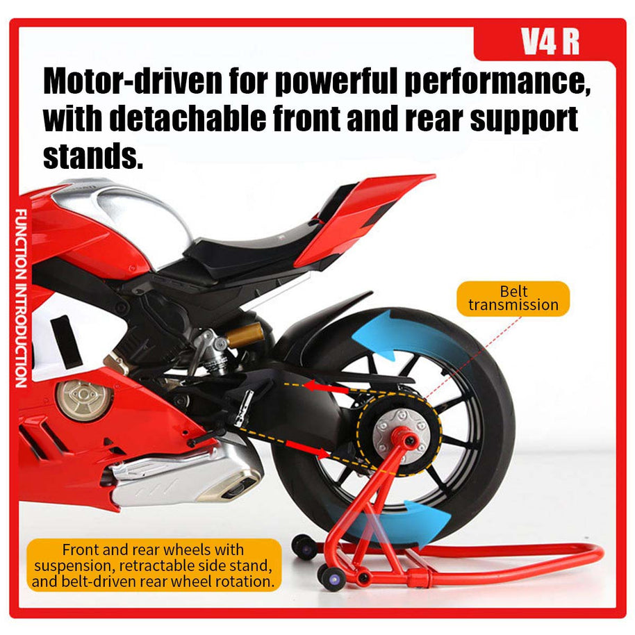 1/6スケール V4R合金バイク模型｜レッド 点火・排気煙噴霧搭載 光音響エフェクト 機械可動 シート隠し収納 バイクコレクション|RTRHOBBYJP