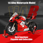1/6スケール V4R合金バイク模型｜レッド 点火・排気煙噴霧搭載 光音響エフェクト 機械可動 シート隠し収納 バイクコレクション