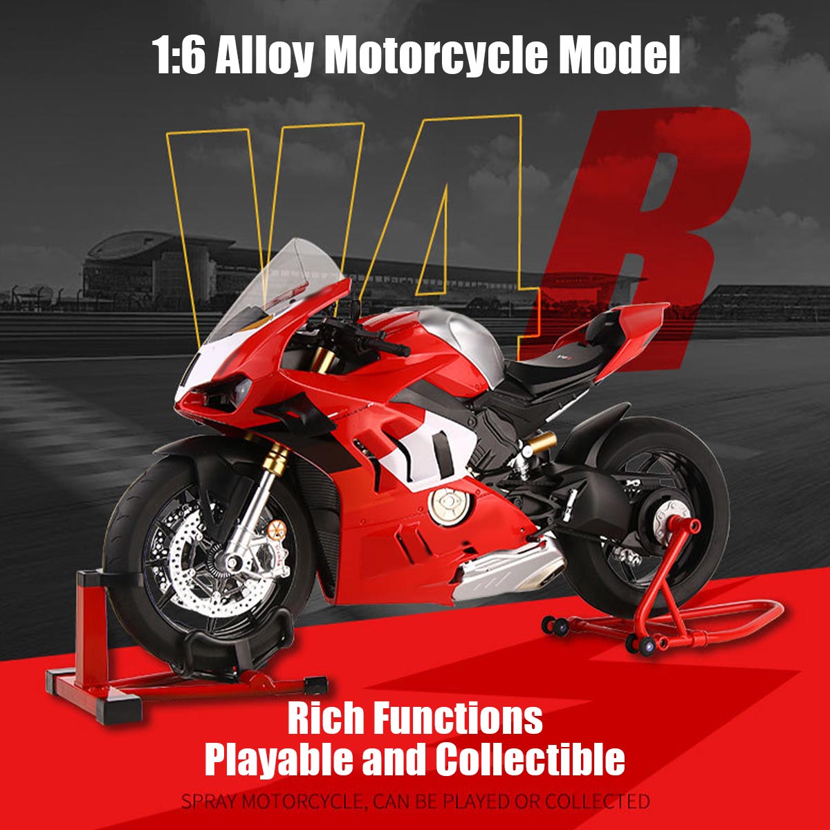 1/6スケール V4R合金バイク模型｜レッド 点火・排気煙噴霧搭載 光音響エフェクト 機械可動 シート隠し収納 バイクコレクション