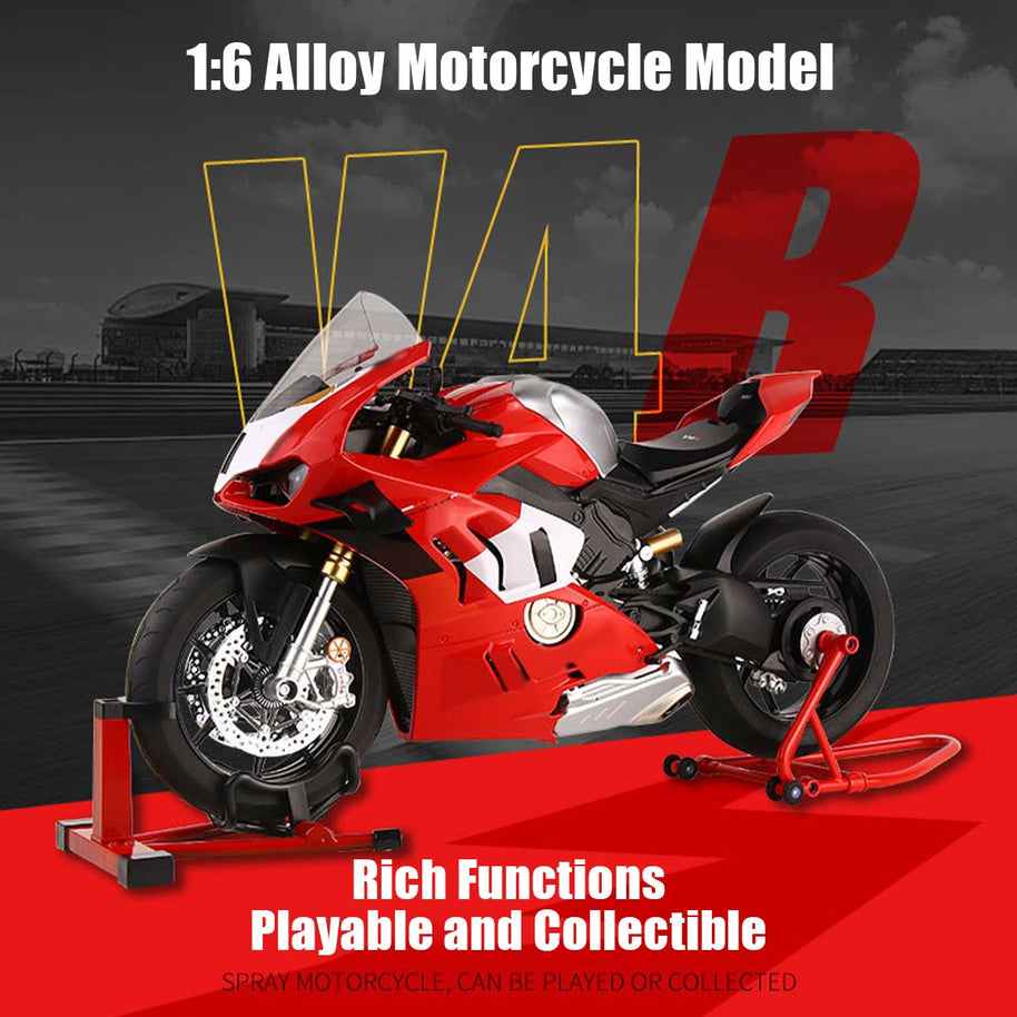 1/6スケール V4R合金バイク模型｜レッド 点火・排気煙噴霧搭載 光音響エフェクト 機械可動 シート隠し収納 バイクコレクション|RTRHOBBYJP