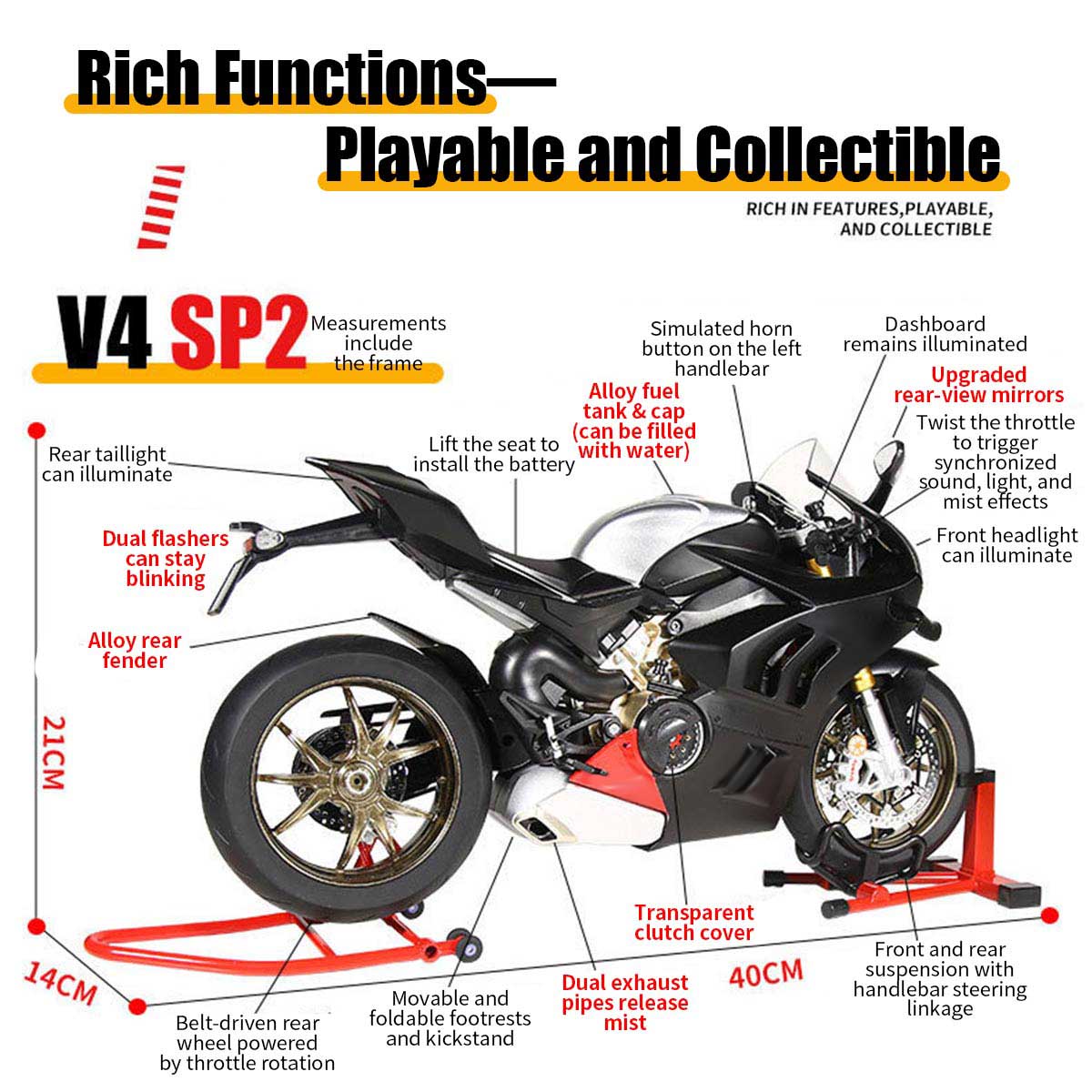 1/6スケール V4SP2/V4S合金バイク模型｜黒/赤2色展開 点火・排気煙噴霧搭載 光音響エフェクト 精密機械可動 大人向けコレクション