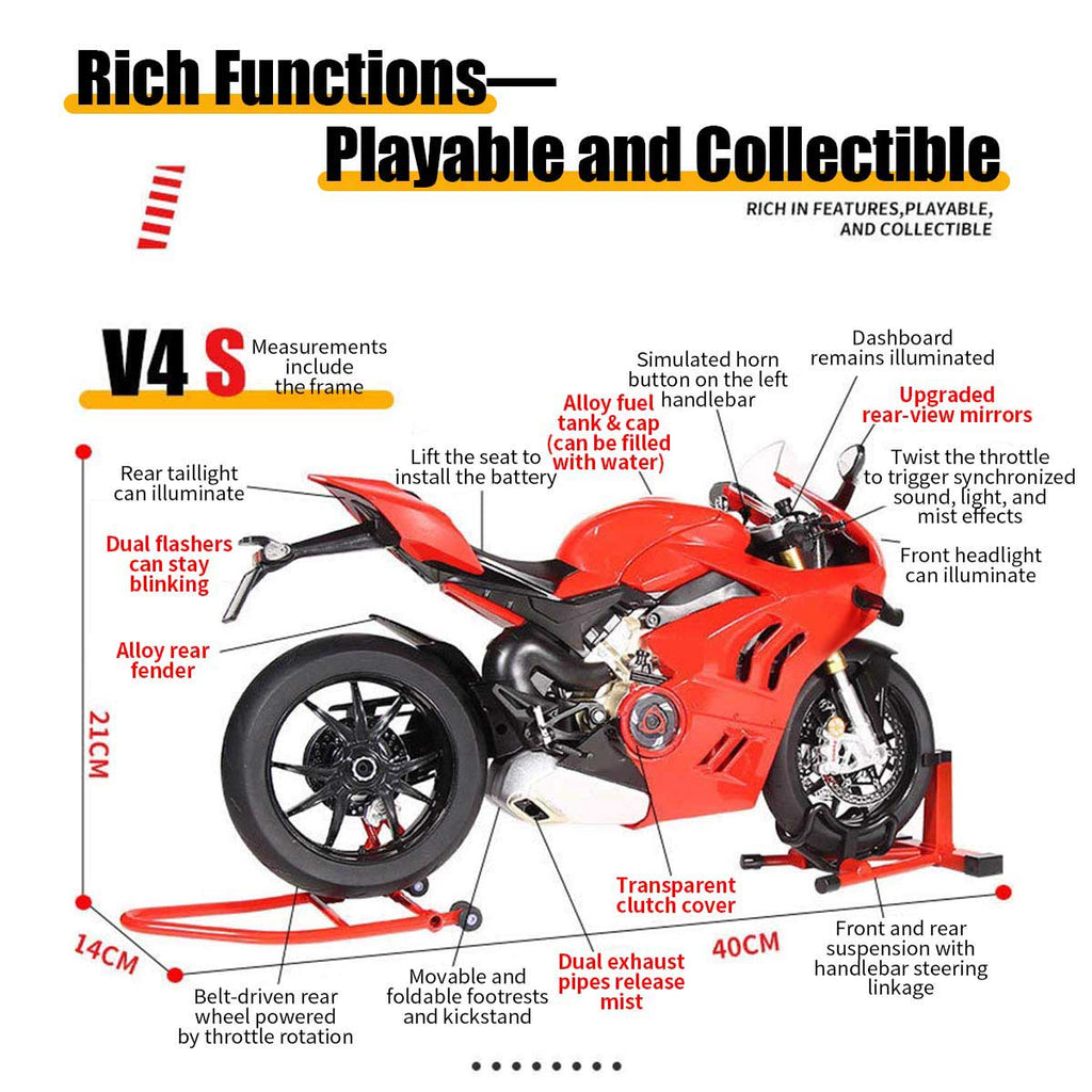 1/6スケール V4SP2/V4S合金バイク模型｜黒/赤2色展開 点火・排気煙噴霧搭載 光音響エフェクト 精密機械可動 大人向けコレクション