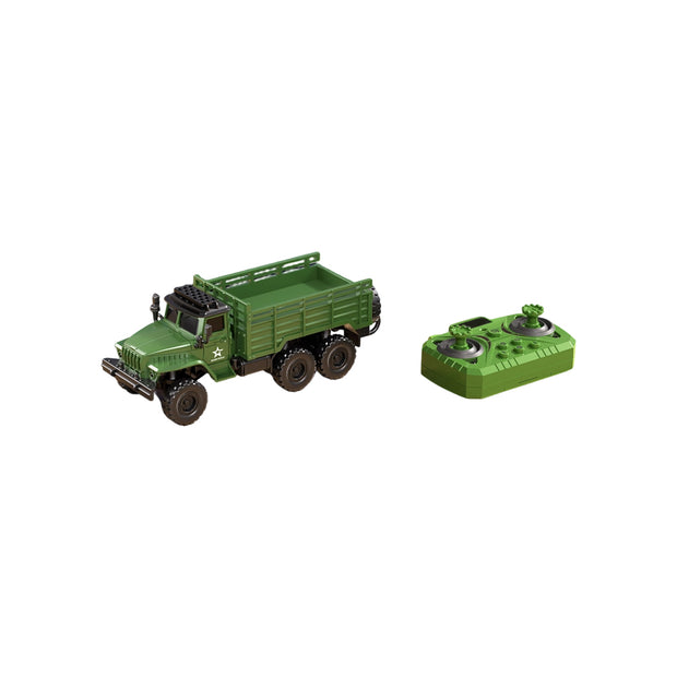 1/64ミニ軍用トラックRCカー｜2.4G干渉防止 合金ボディ 4WDオフロード APP連動 調速・音響LEDライト 自動デモモード RTF
