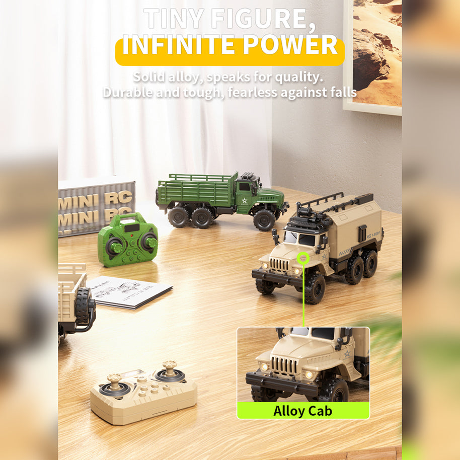 1/64ミニ軍用トラックRCカー｜2.4G干渉防止 合金ボディ 4WDオフロード APP連動 調速・音響LEDライト 自動デモモード RTF|RTRHOBBYJP