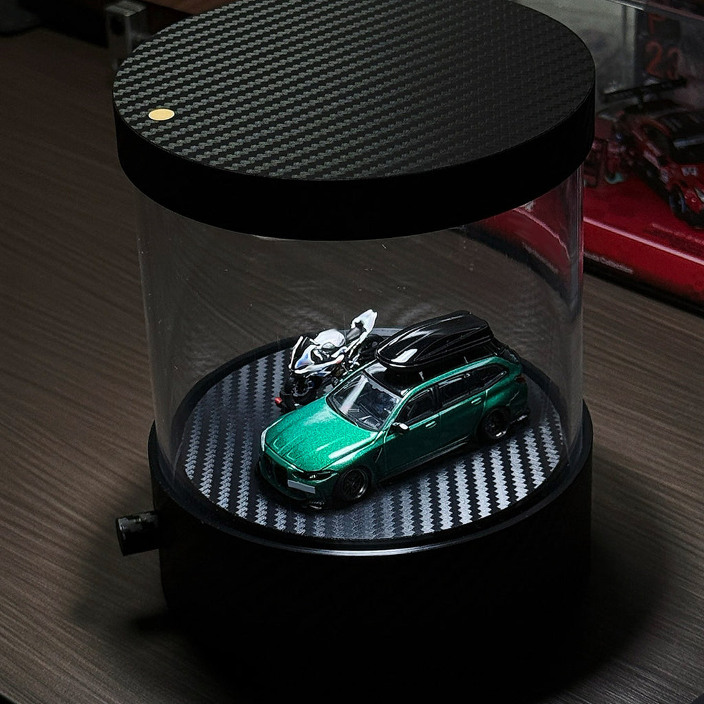1/64ミニカー回転スタンド｜3色LED調光 360°自動回転 アクリル防塵 デスクトップコレクションケース