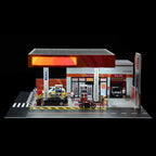 1/64スケール 日本式ガソリンスタンド 情景模型 LED発光付き 拡張可能ジオラマ PVC+アクリル製 ミニカーディスプレイ コレクション