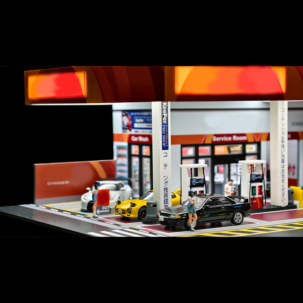 1/64スケール 日本式ガソリンスタンド 情景模型 LED発光付き 拡張可能ジオラマ PVC+アクリル製 ミニカーディスプレイ コレクション