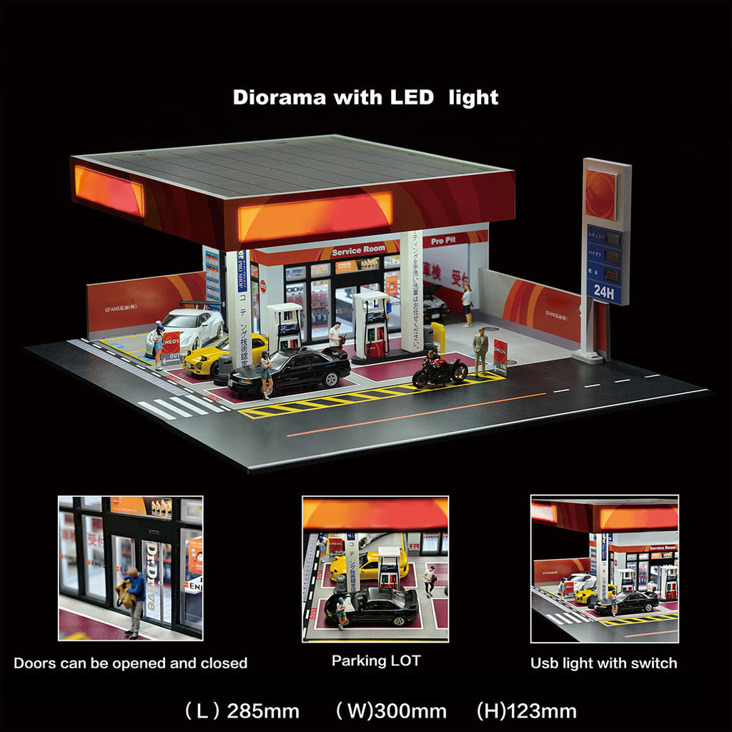 1/64スケール 日本式ガソリンスタンド 情景模型 LED発光付き 拡張可能ジオラマ PVC+アクリル製 ミニカーディスプレイ コレクション