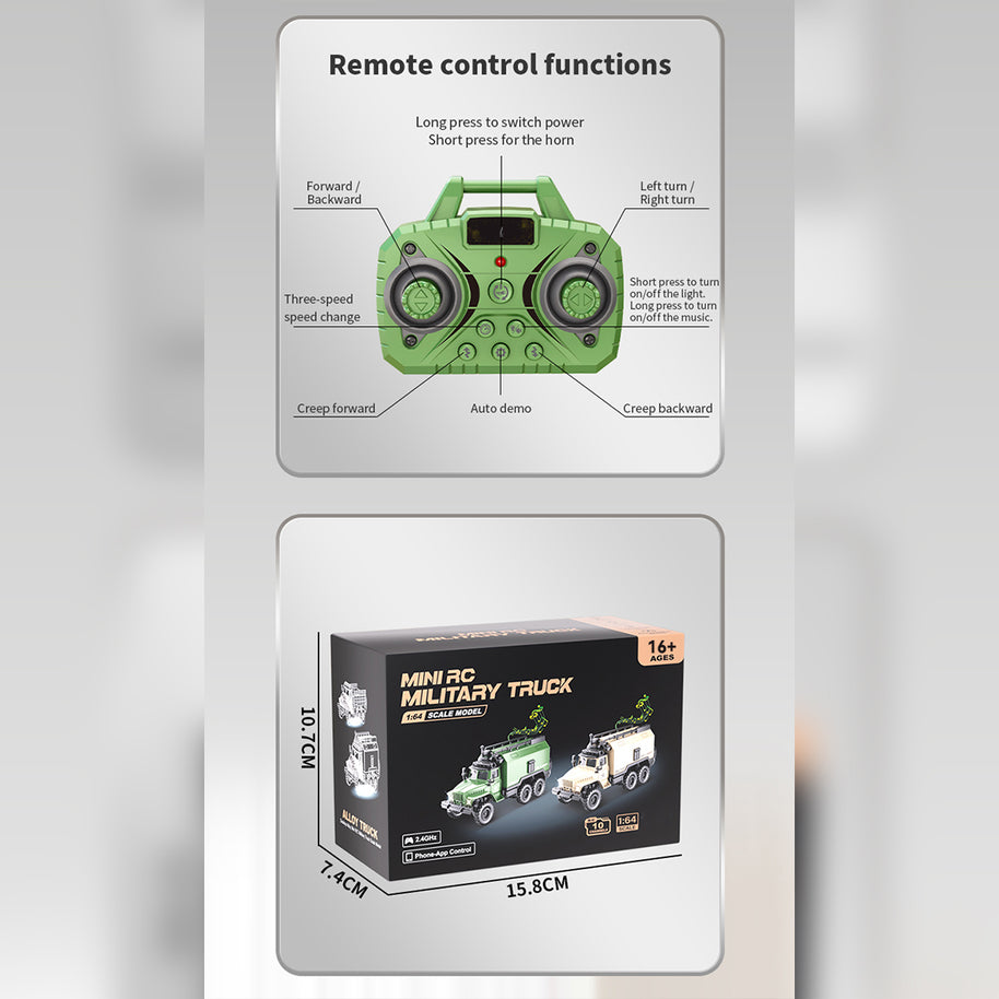 1/64ミニ軍用RCカー｜2.4G干渉防止 合金ボディ 4WDオフロード APP連動 調速・音響LEDライト 自動デモモード RTF |RTRHOBBYJP
