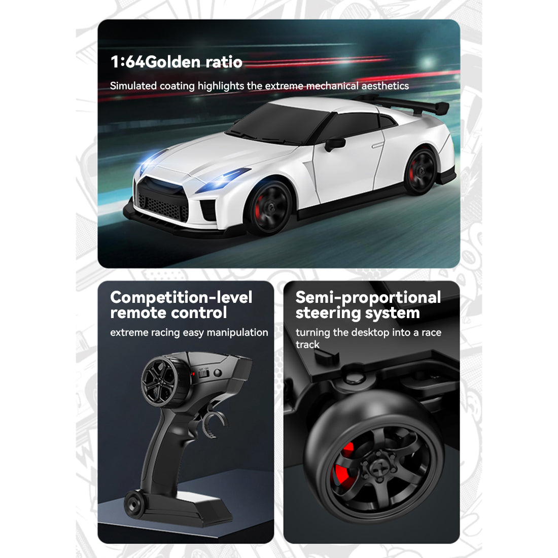 1/64 2.4G 4CH 4WD RCドリフトカー 白色 RTR版 半プロポーショナルステアリング ブレーキキャリパー MINI RC
