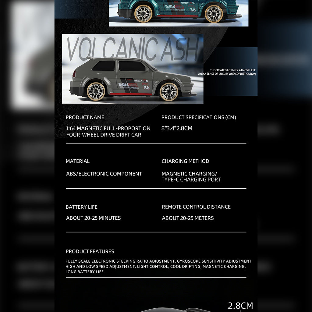 1/64 2.4G全プロポーショナル4WD RCドリフトカー  ジャイロステアリング LEDライト 磁気充電 MINI RC
