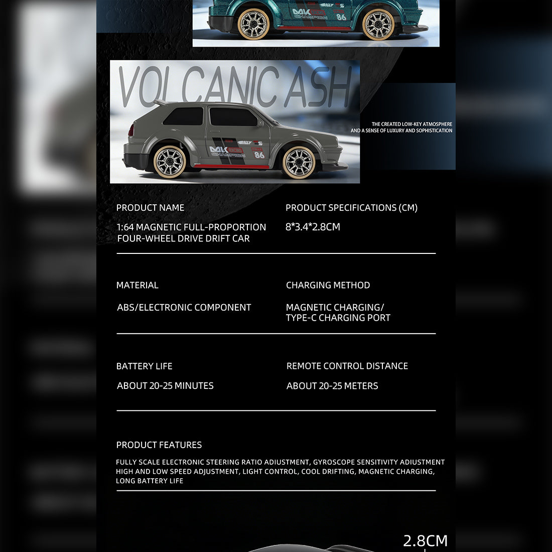 1/64 2.4G全プロポーショナル4WD RCドリフトカー  ジャイロステアリング LEDライト 磁気充電 MINI RC