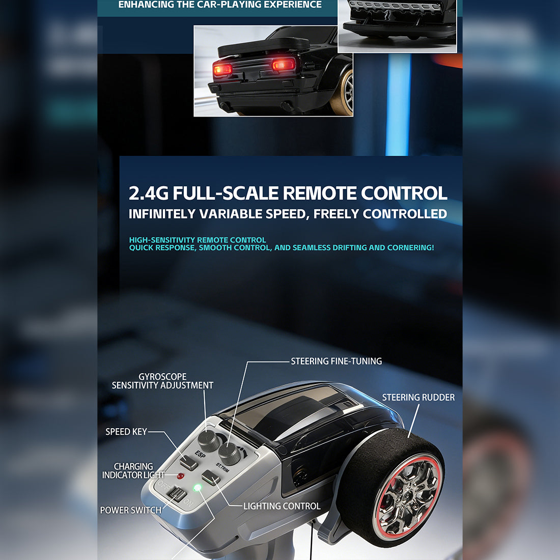 1/64 2.4G全プロポーショナル4WD RCドリフトカー  ジャイロステアリング LEDライト 磁気充電 MINI RC