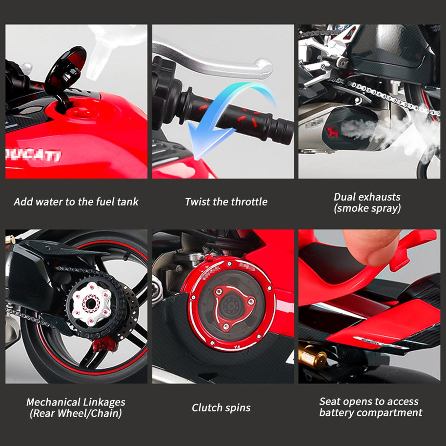 1/7スケール V4合金バイク模型｜レッドカーボン調 点火・排気煙噴霧機能搭載 光音響再現 精密機械可動 大人向けコレクション|RTRHOBBYJP
