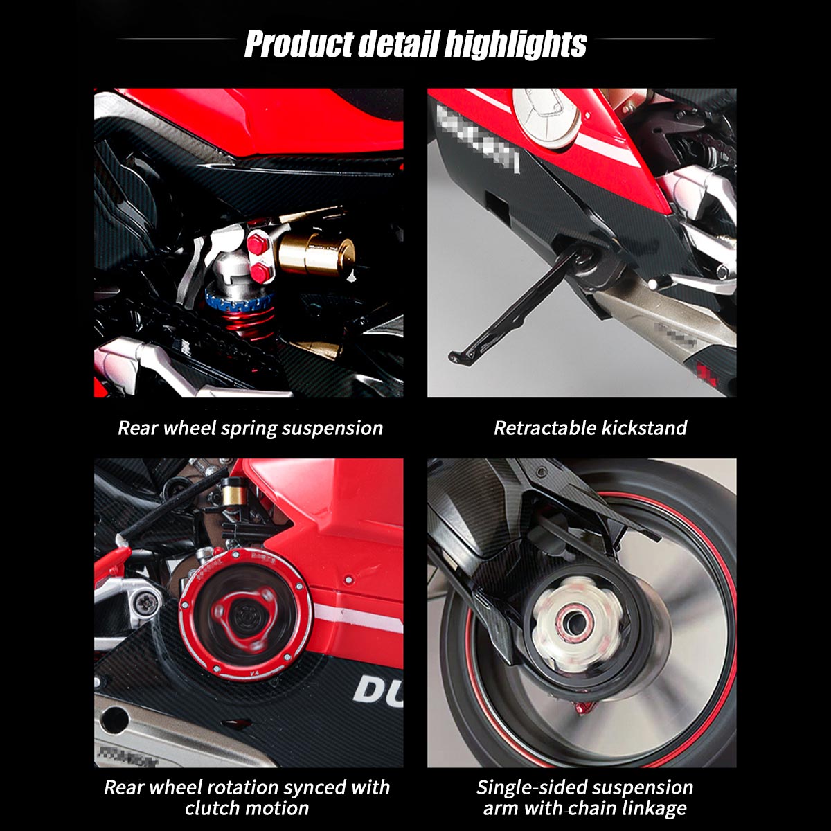 1/7スケール V4合金バイク模型｜レッドカーボン調 点火・排気煙噴霧機能搭載 光音響再現 精密機械可動 大人向けコレクション
