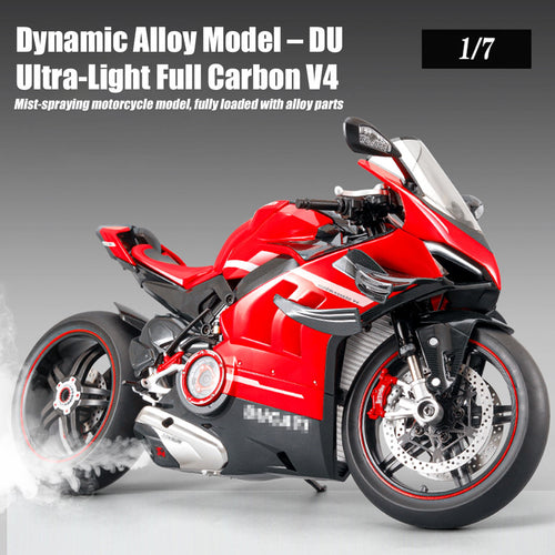 1/7スケール V4合金バイク模型｜レッドカーボン調 点火・排気煙噴霧機能搭載 光音響再現 精密機械可動 大人向けコレクション