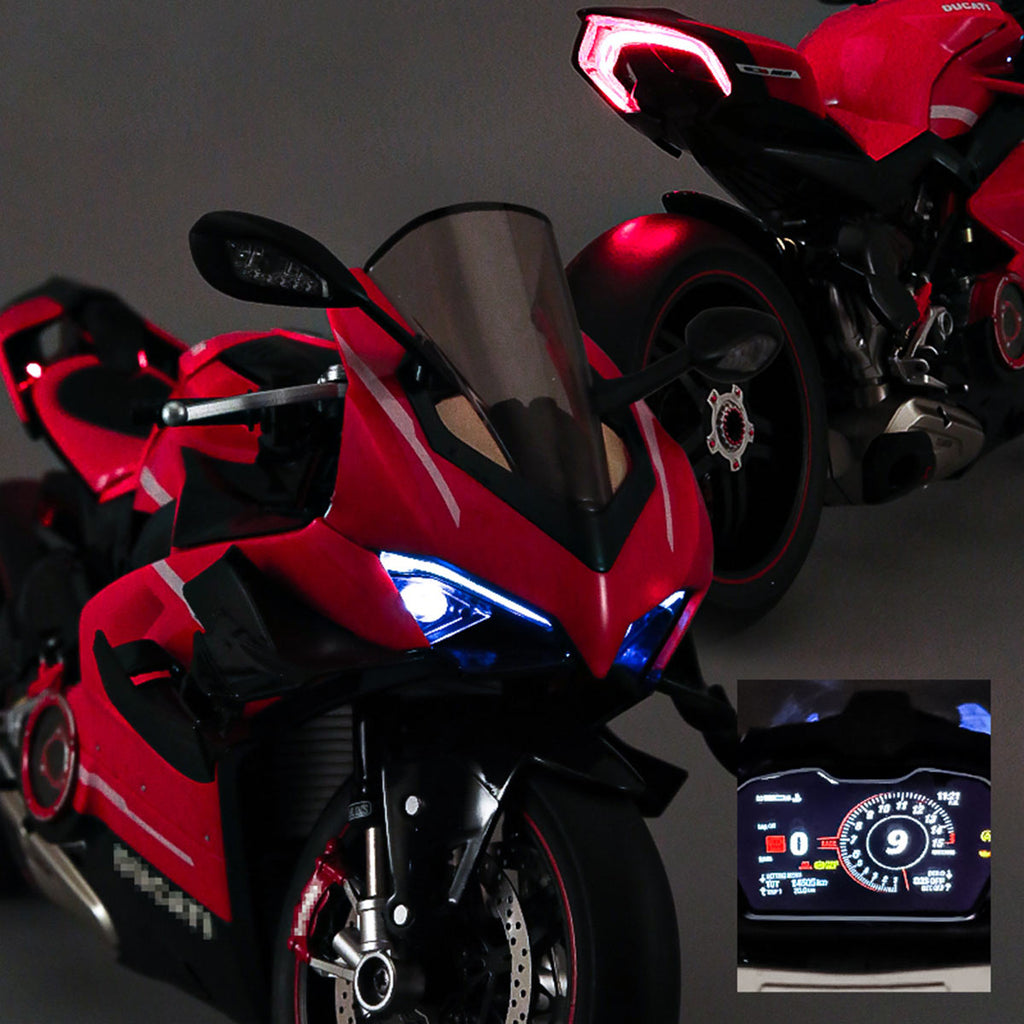 1/7スケール V4合金バイク模型｜レッドカーボン調 点火・排気煙噴霧機能搭載 光音響再現 精密機械可動 大人向けコレクション
