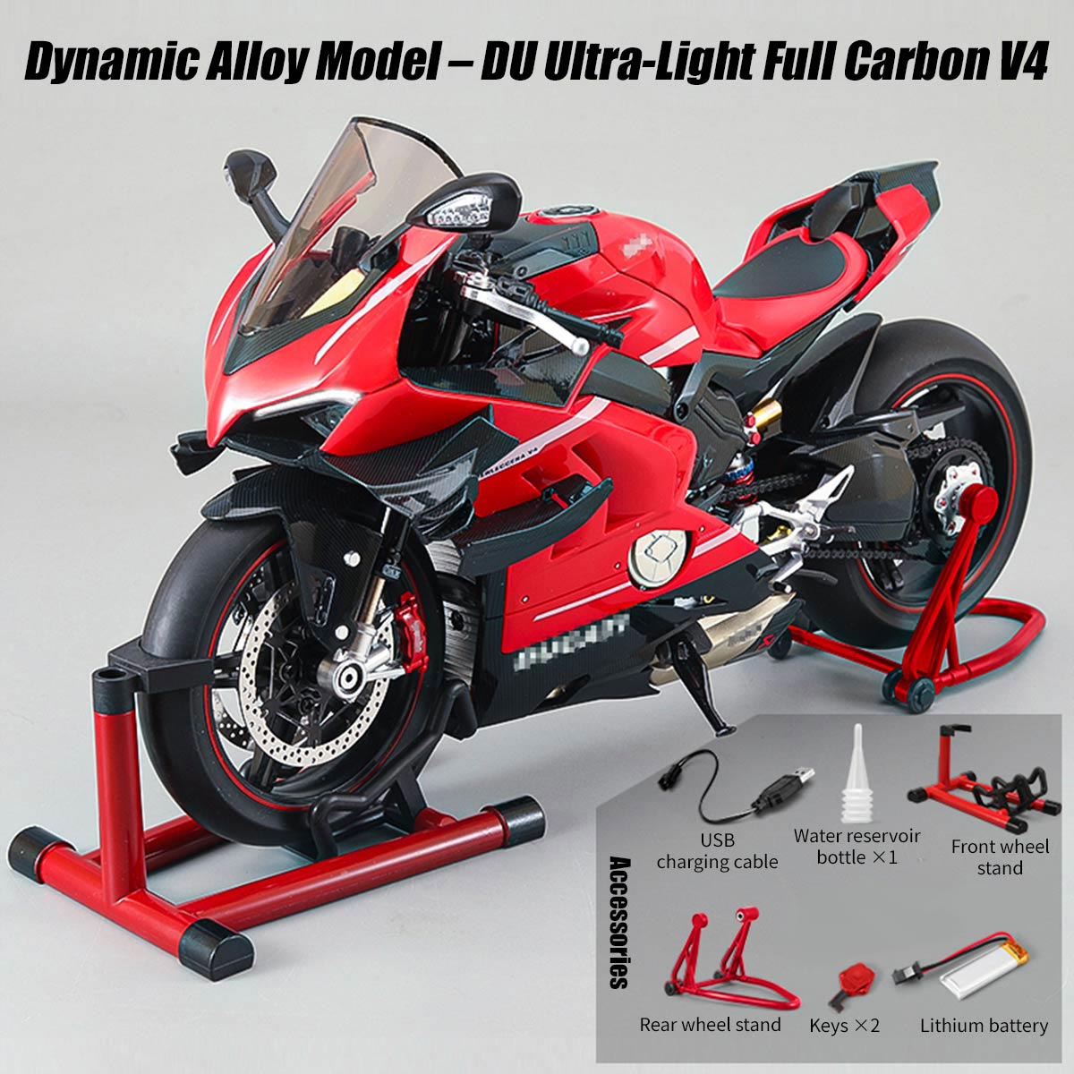 1/7スケール V4合金バイク模型｜レッドカーボン調 点火・排気煙噴霧機能搭載 光音響再現 精密機械可動 大人向けコレクション