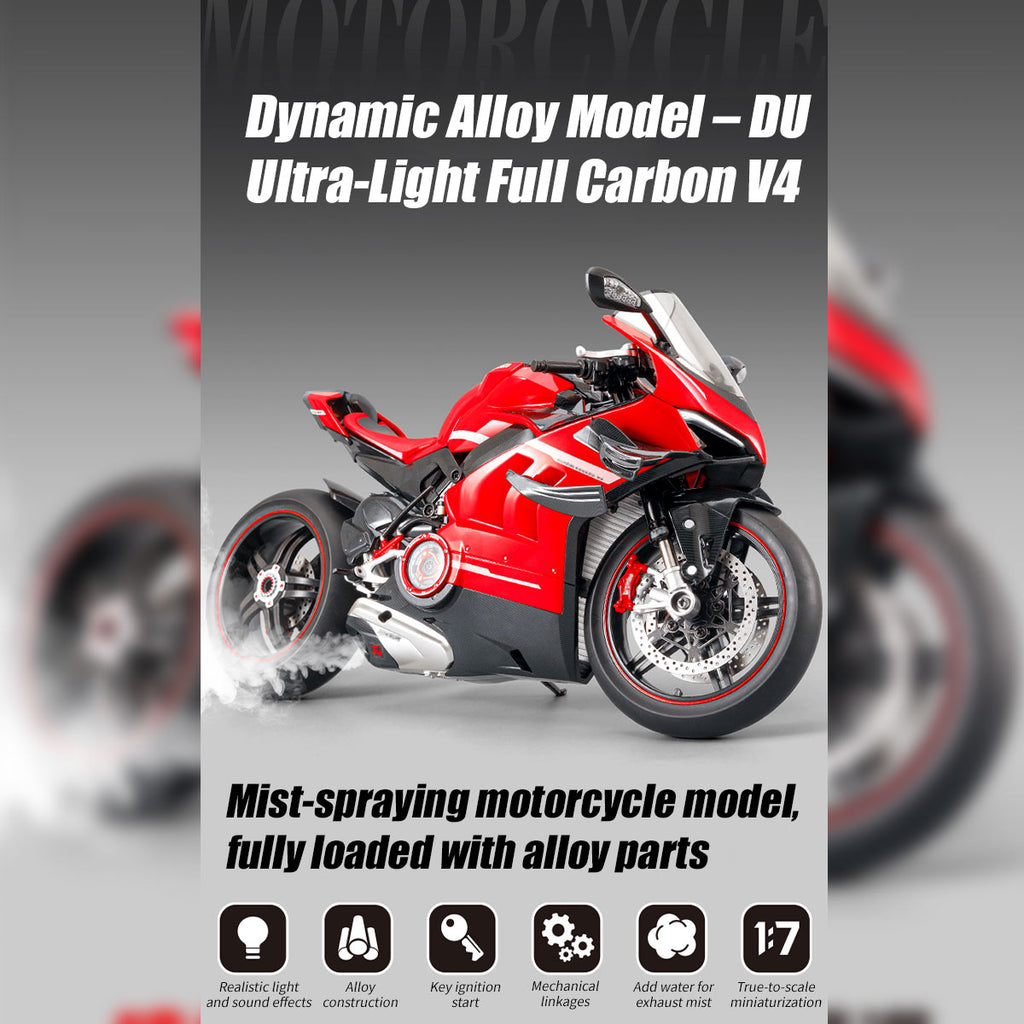 1/7スケール V4合金バイク模型｜レッドカーボン調 点火・排気煙噴霧機能搭載 光音響再現 精密機械可動 大人向けコレクション