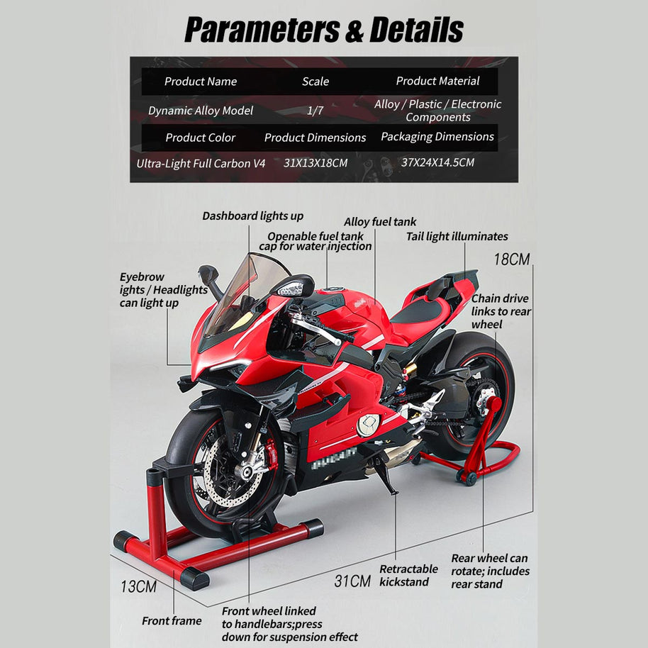 1/7スケール V4合金バイク模型｜レッドカーボン調 点火・排気煙噴霧機能搭載 光音響再現 精密機械可動 大人向けコレクション|RTRHOBBYJP