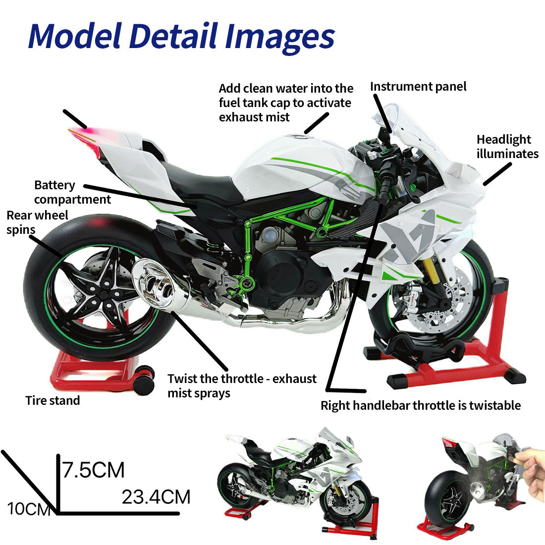 1/9 H2合金バイクモデル｜点火音響&ライト効果 排気ミスト噴射 可動ギア構造 隠しバッテリー収納 コレクション模型