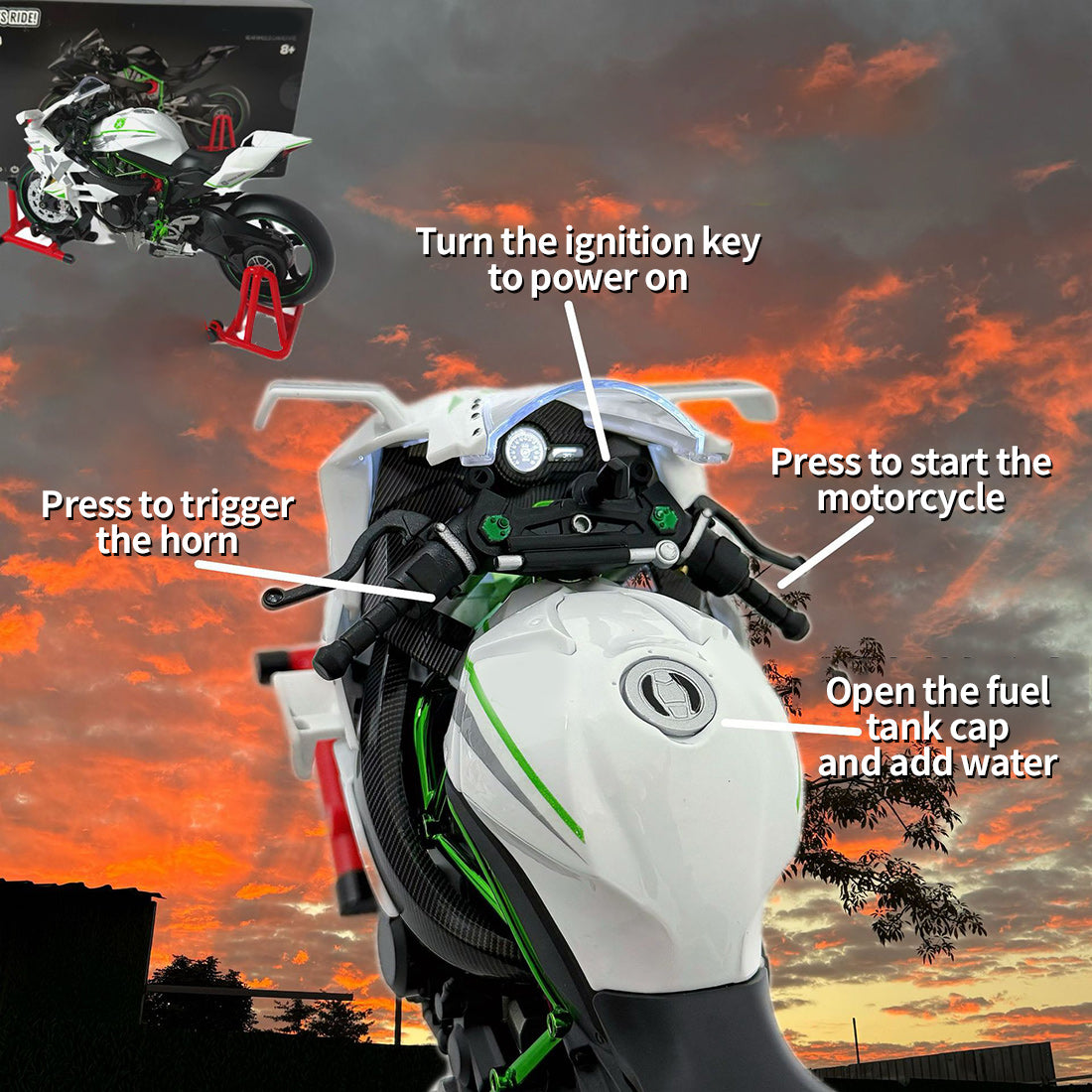 1/9 H2合金バイクモデル｜点火音響&ライト効果 排気ミスト噴射 可動ギア構造 隠しバッテリー収納 コレクション模型
