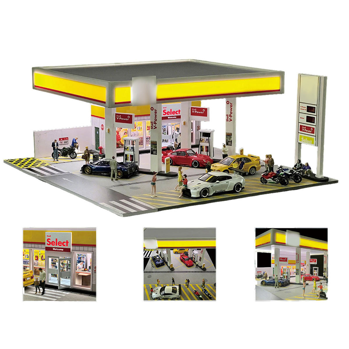 1/64スケール シェルガソリンスタンド 情景模型 PVC+アクリル製 照明付き ジオラマディスプレイ