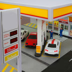 1/64スケール シェルガソリンスタンド 情景模型 PVC+アクリル製 照明付き ジオラマディスプレイ