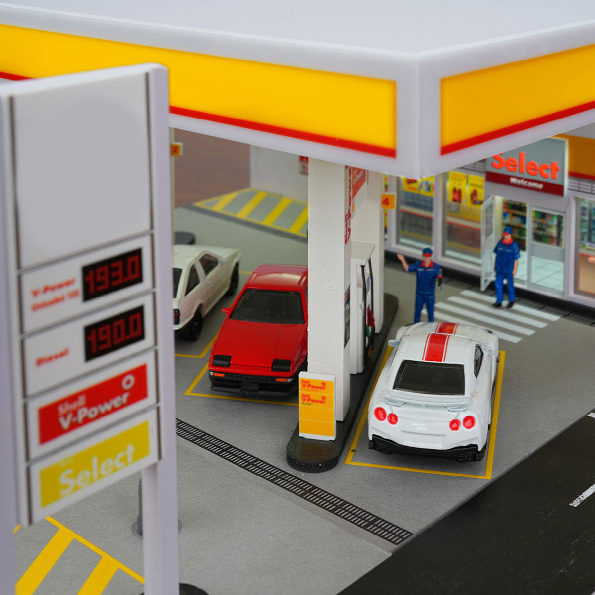 1/64スケール シェルガソリンスタンド 情景模型 PVC+アクリル製 照明付き ジオラマディスプレイ