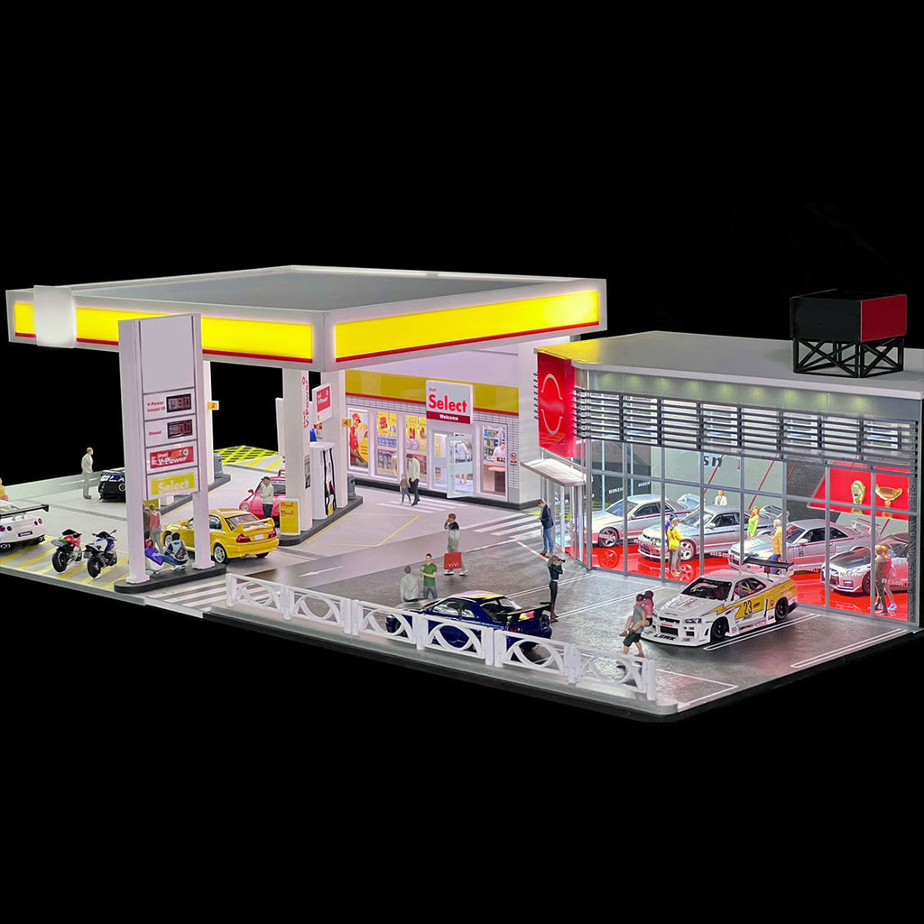 1/64スケール シェルガソリンスタンド 情景模型 PVC+アクリル製 照明付き ジオラマディスプレイ