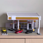 1/64スケール シェルガソリンスタンド 情景模型 PVC+アクリル製 照明付き ジオラマディスプレイ