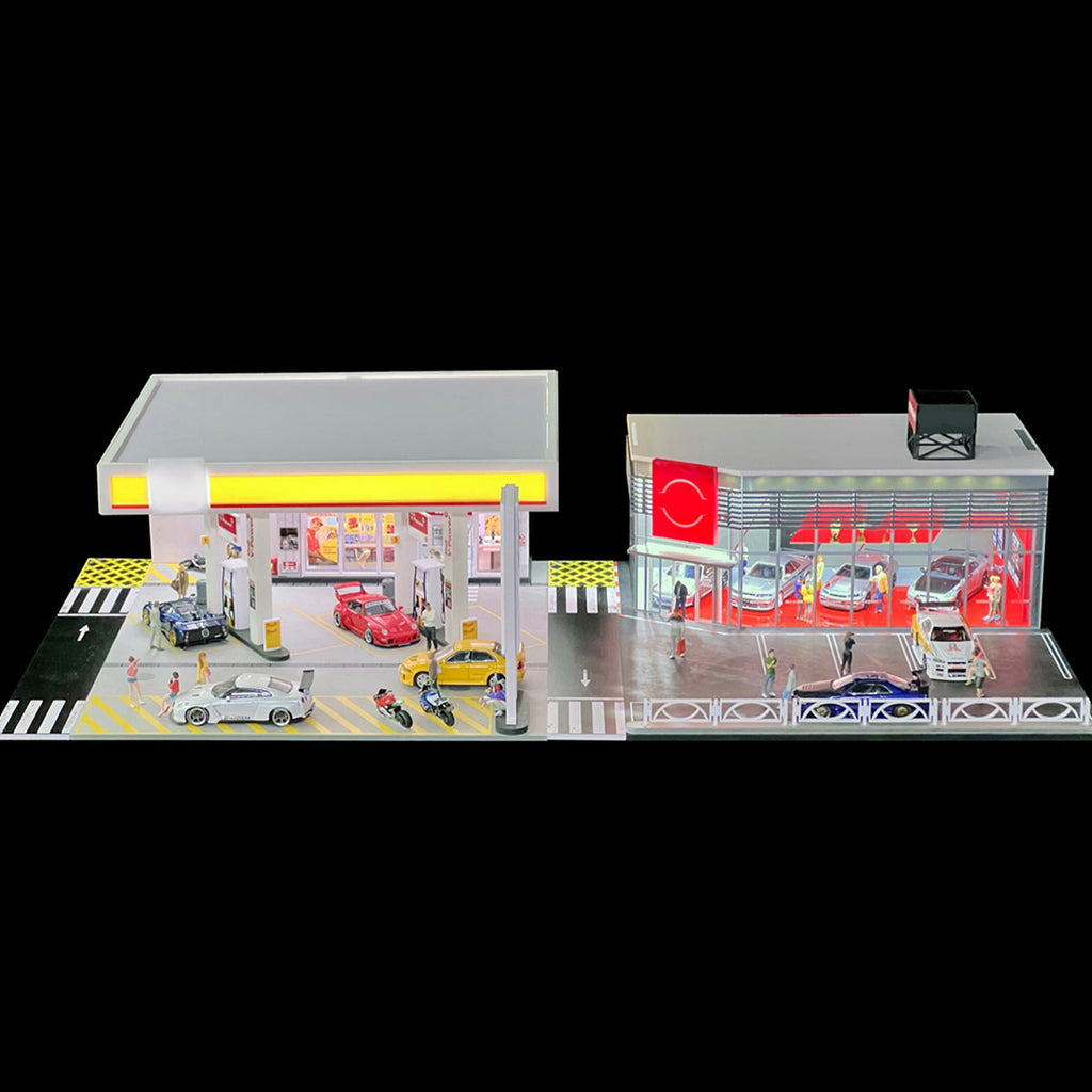 1/64スケール シェルガソリンスタンド 情景模型 PVC+アクリル製 照明付き ジオラマディスプレイ