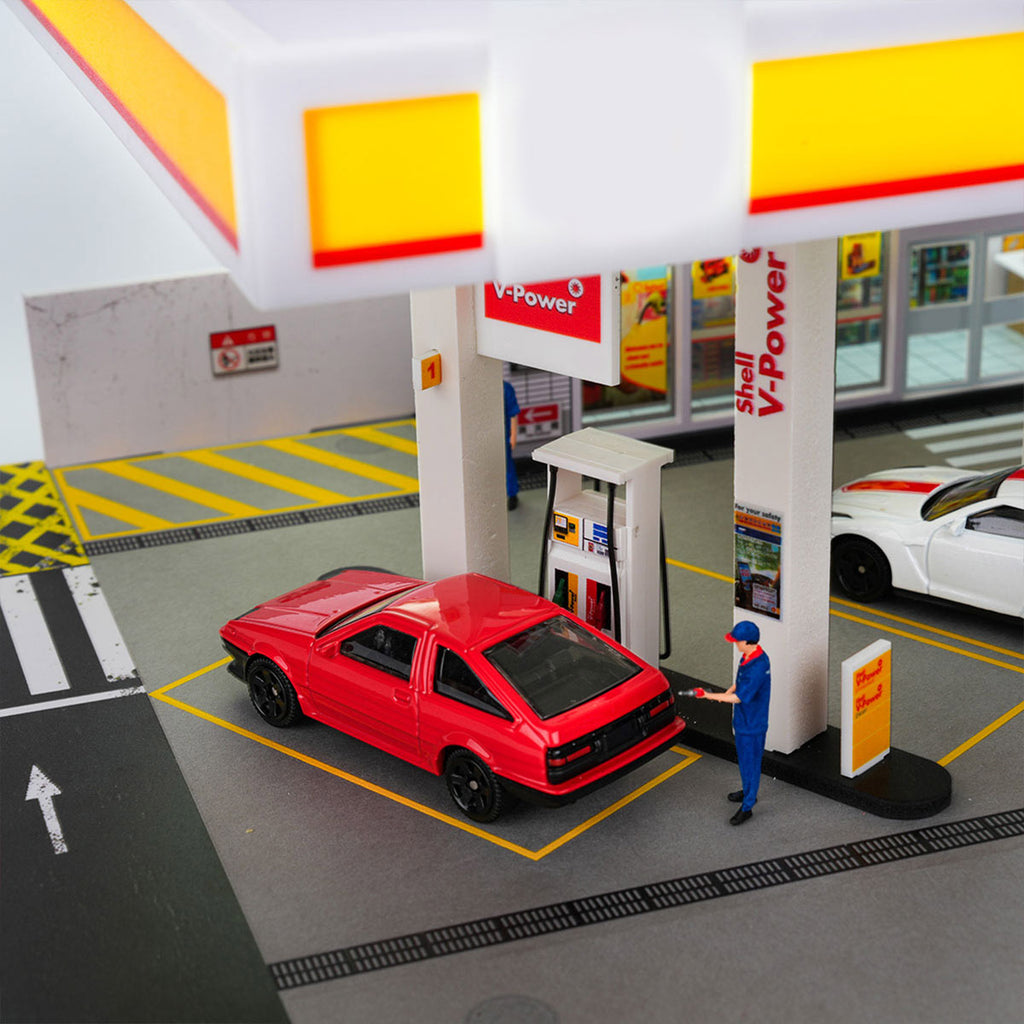1/64スケール シェルガソリンスタンド 情景模型 PVC+アクリル製 照明付き ジオラマディスプレイ