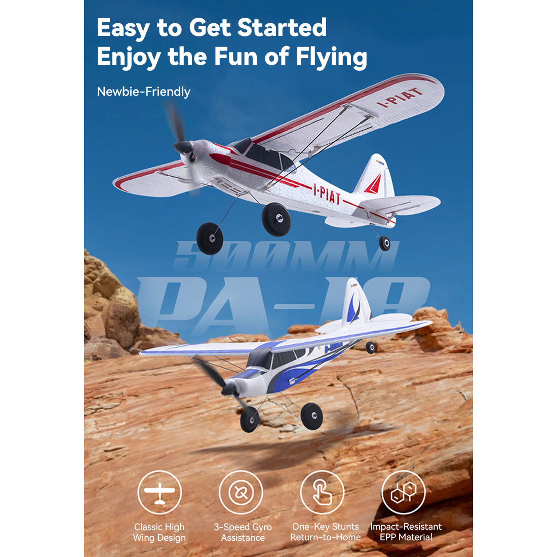 2.4G 6CH 500mm翼幅 単翼トレーナー RC航空機モデル、3種飛行モード＆ワンキーリターン機能付き EPP固定翼リアルistic航空機（RTF）
