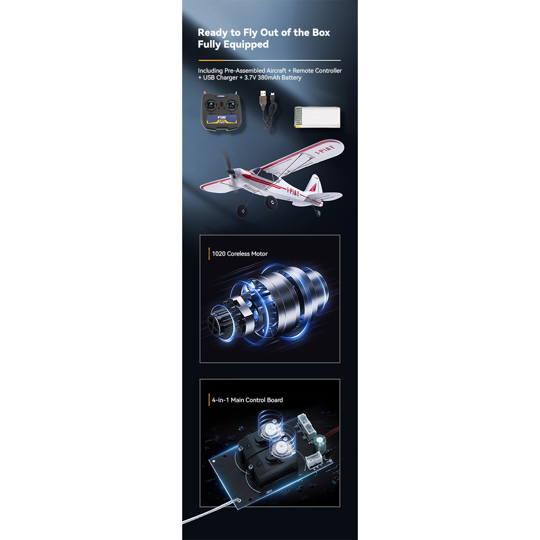 2.4G 6CH 500mm翼幅 単翼トレーナー RC航空機モデル、3種飛行モード＆ワンキーリターン機能付き EPP固定翼リアルistic航空機（RTF）