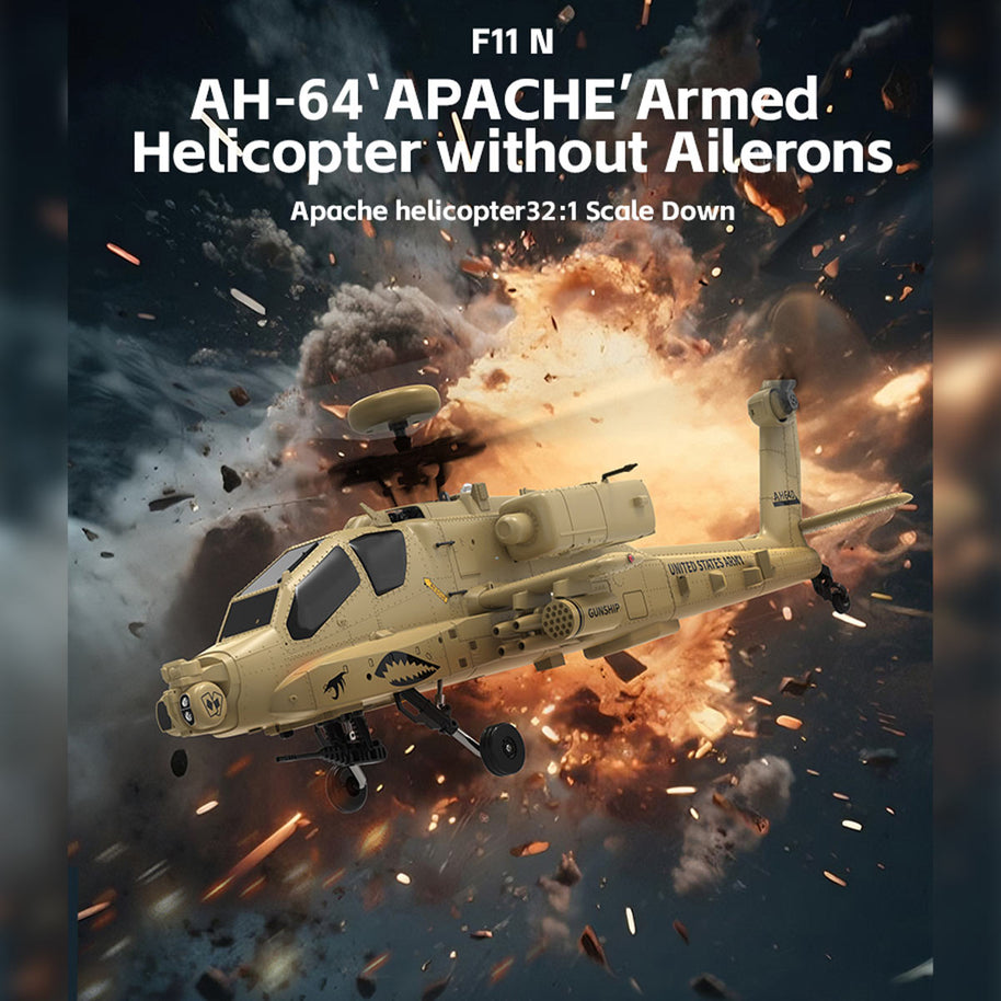 WOLFBUSH & YU XIANG F11-N AH64 1/32スケール Apache RCヘリコプター RTF版 2.4G 6CH 同軸二軸 6G/3D切替 光学フロー高度保持 砂漠イエロー