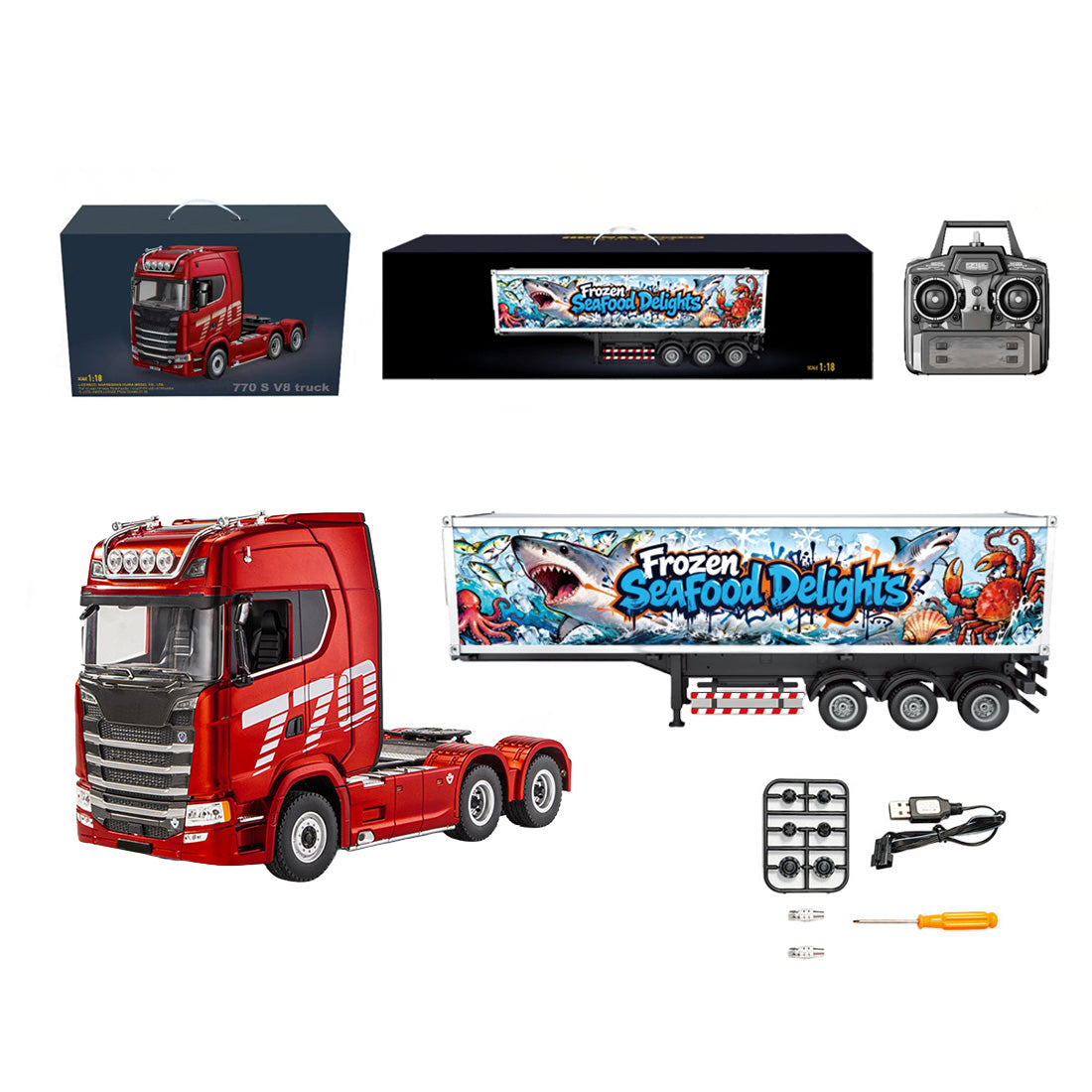 1/18 6x4 770S ヘビーデューティー RC トラクタートラック＋冷凍コンテナトレーラーセット
