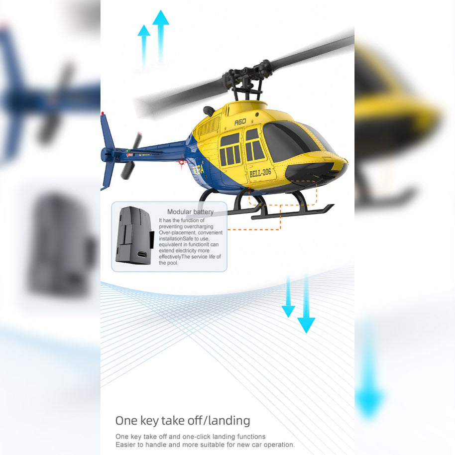 A60 1/42スケール BELL206 90級 2.4G 4CH 単ローターフライバーレス ミニRCヘリコプター（オプティカルフロー高度保持 RTF版）
