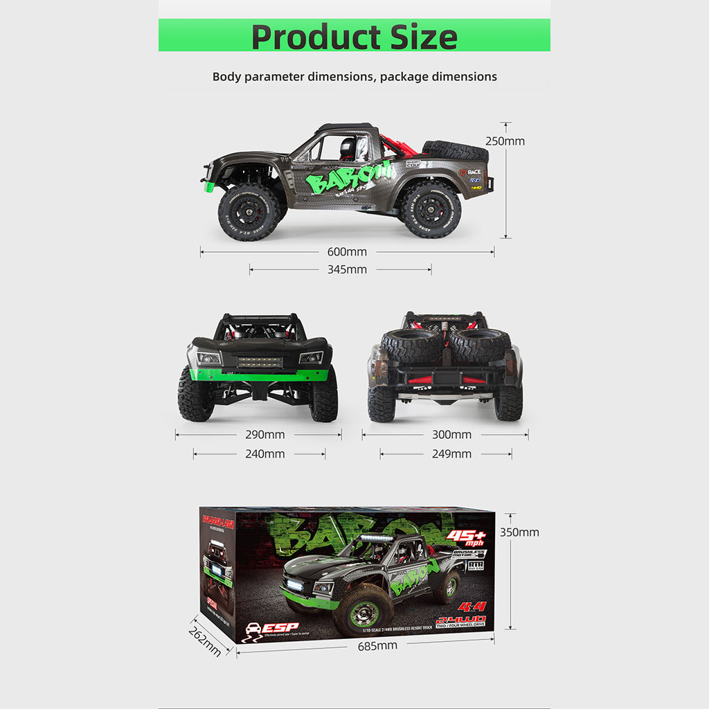 1/10スケール 2.4GHz 4WDブラシレスRCトラック 全地形 高速オフロードカー ジャイロ安定 金属ドライブトレイン LEDライト RTR
